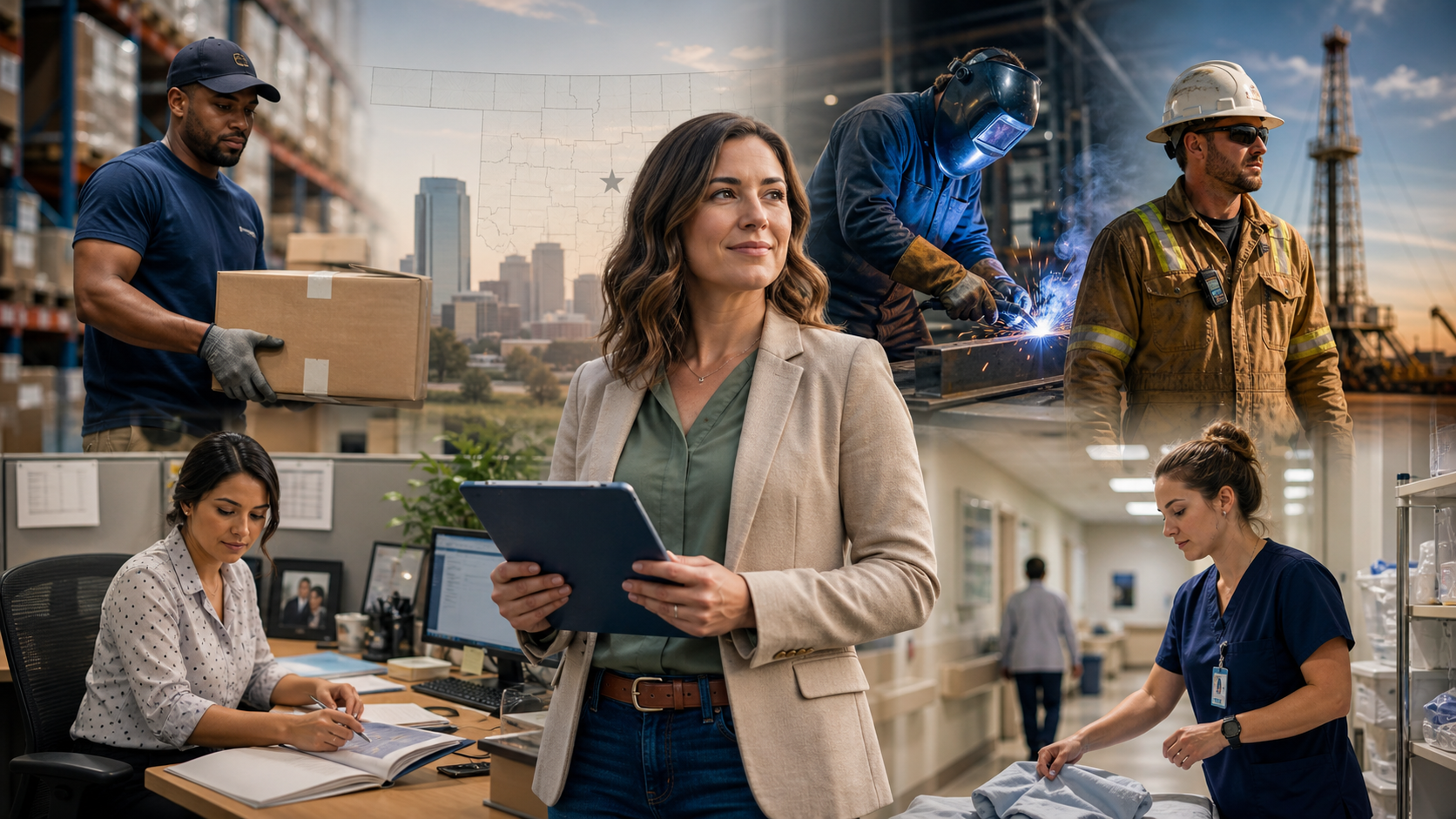 Composite image of various workers in different industries. Top section shows construction and industrial workers, including a man holding a box, a welder, and a worker with a hard hat and safety gear. Middle section features a woman in a beige blazer holding a tablet, standing in front of a city skyline. Bottom section depicts office and healthcare workers, including a woman at a desk and a nurse loading laundry in a medical facility.