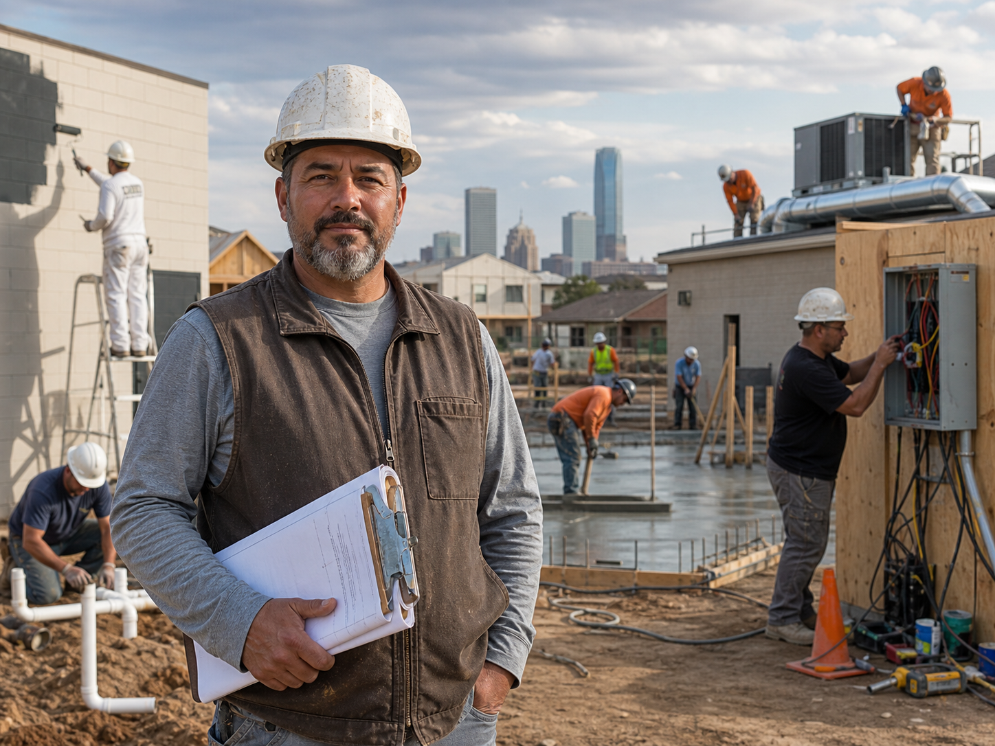Construction worker with clipboard standing in front of a building site with other workers in the background, some working on the foundation and others on rooftop equipment, city skyline in the distance.
