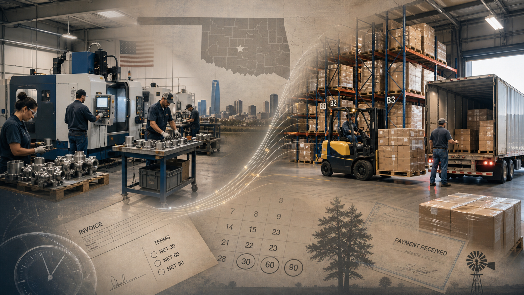 A manufacturing facility with workers operating machines on the left, and a warehouse with forklifts and stacked boxes on the right, overlaid with semi-transparent images of a city skyline, a map of Oklahoma, and business documents such as invoices and payment receipts.