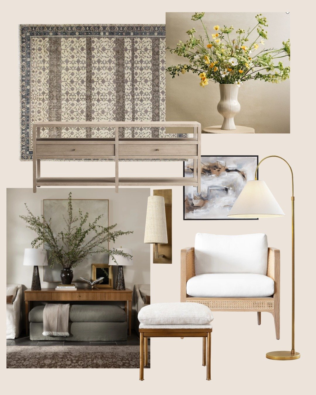 For this concept space, the goal is quiet warmth.

A patterned rug to anchor.
Light wood for softness.
Brass for contrast.
Layered neutrals to keep everything calm.

Nothing loud.
Nothing trendy.

Just thoughtful, balanced design.