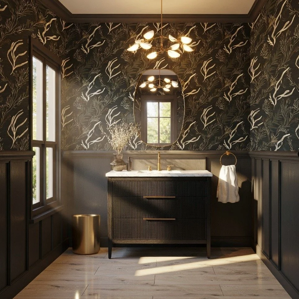 Proof that small spaces can make a big impact. Drenched in deep charcoal, layered with statement wallpaper, warm brass, and just enough natural light to keep it balanced.

These images are my original designs, thoughtfully brought to life through des