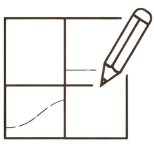 Geometric drawing of an outline square with sections divided by vertical, horizontal, and diagonal lines.