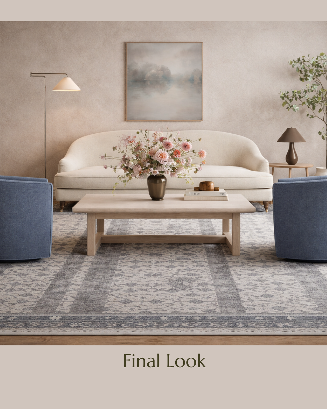 A living room with a cream sofa, two blue armchairs, a wooden coffee table with a vase of pink flowers, a framed painting of clouds, a tall floor lamp, a small side table with a lamp, and a potted plant, with 'Final Look' text at the bottom.