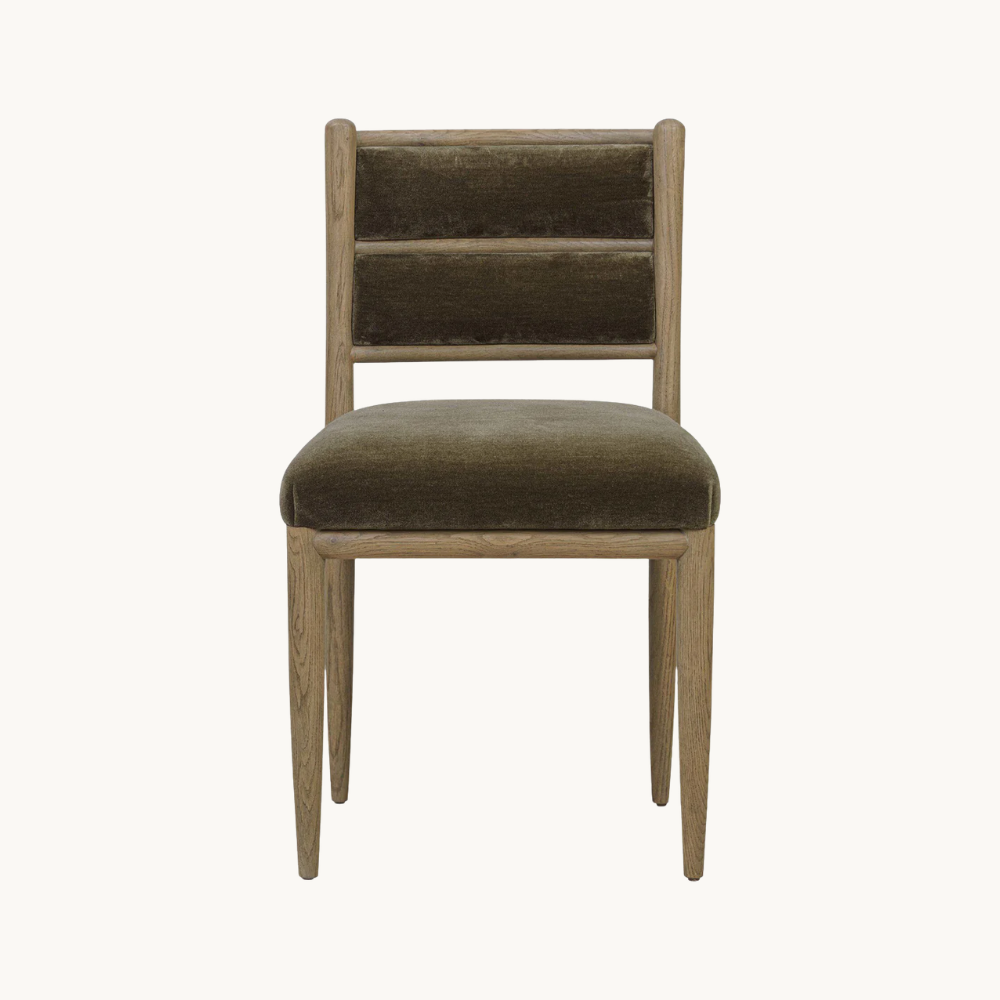 A wooden chair with a padded dark greenish-brown fabric seat and backrest