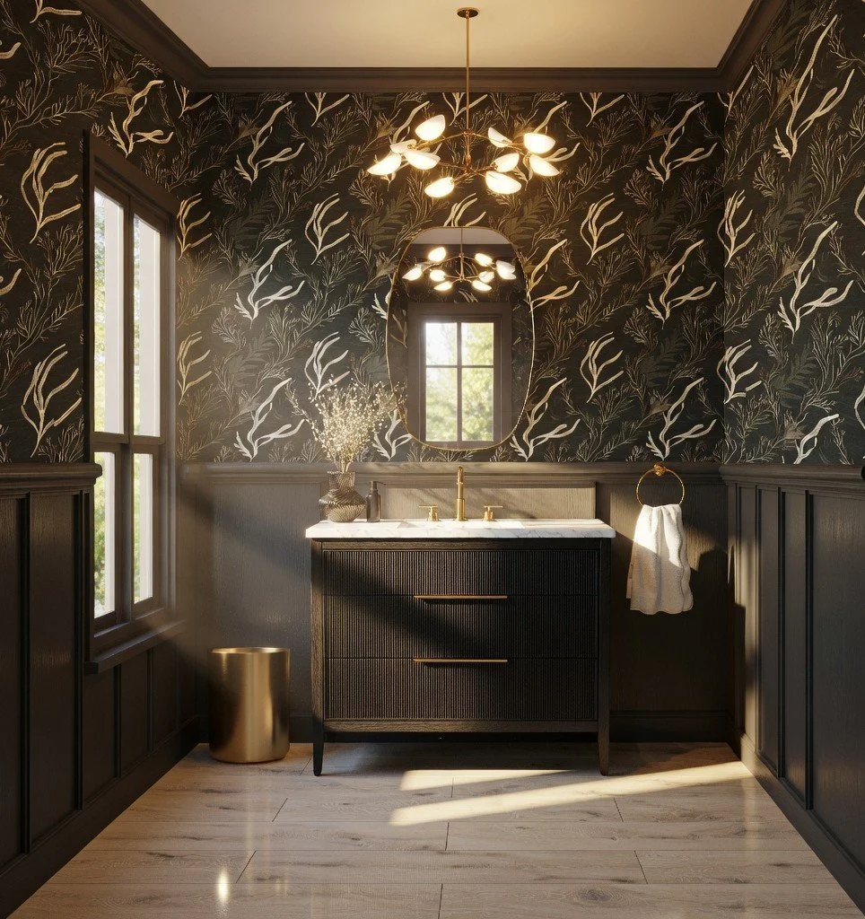A stylish bathroom with dark patterned wallpaper, a vintage-style vanity with a white marble top, gold fixtures, a large mirror, and a modern chandelier, illuminated by natural light from a window.