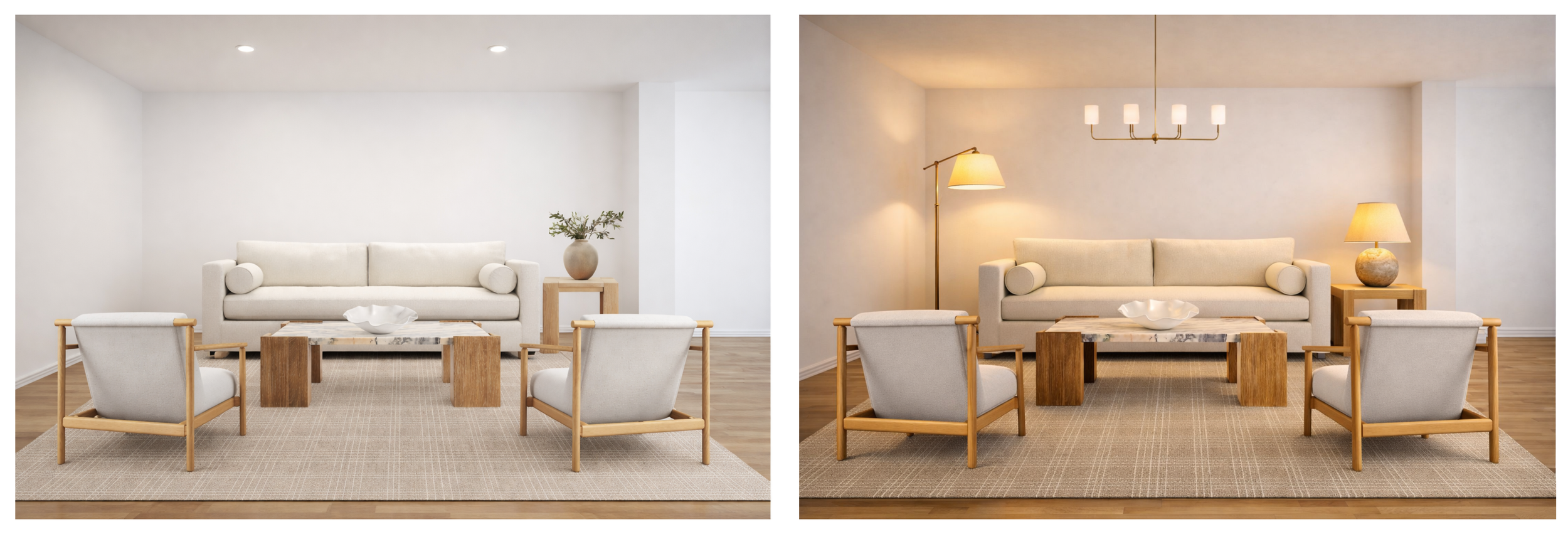 Side-by-side comparison of recessed ceiling lighting versus layered lighting with lamps in a living room.