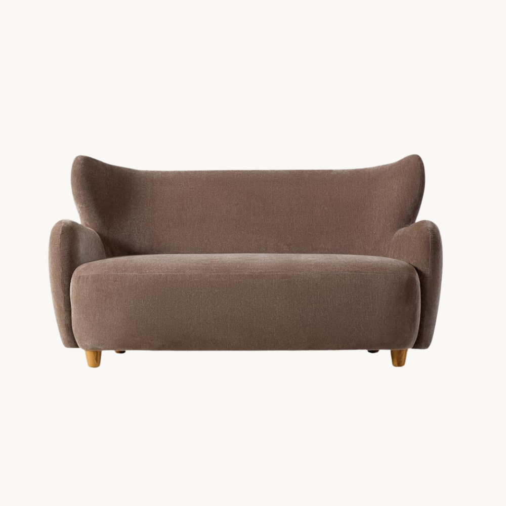 A brown fabric sofa with curved arms and wooden legs, set against a plain white background.