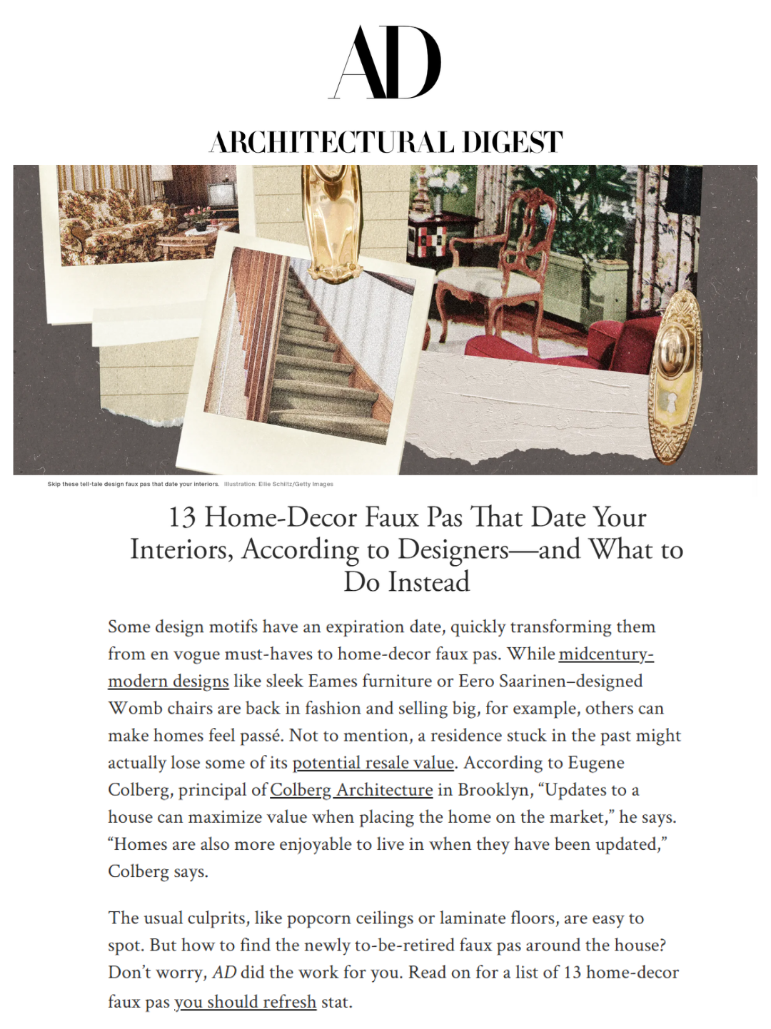 Architectural Digest article featuring Ashley Hauza of Hauza Studio discussing home decor faux pas and layered interior design.