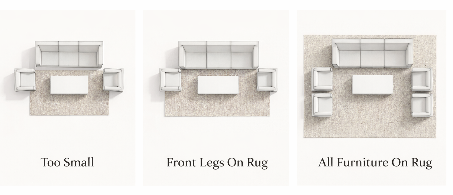 Living room rug size guide showing too small rug, front legs on rug, and all furniture on rug.
