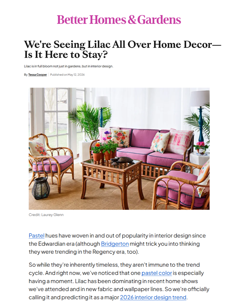 Better Homes & Gardens article featuring Ashley Hauza of Hauza Studio discussing the lilac home decor trend and timeless interior design.