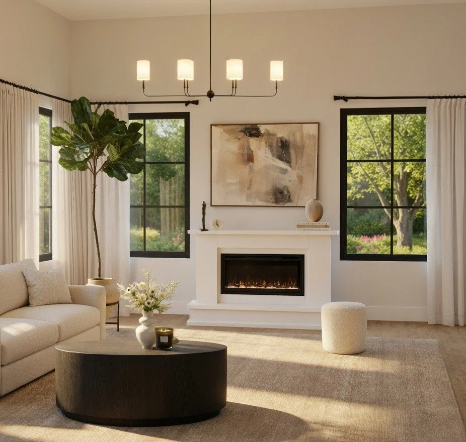 Living room with beige sofa, black coffee table with flowers, large plant, fireplace, abstract art on the wall, windows with white curtains, and a view of trees outside.
