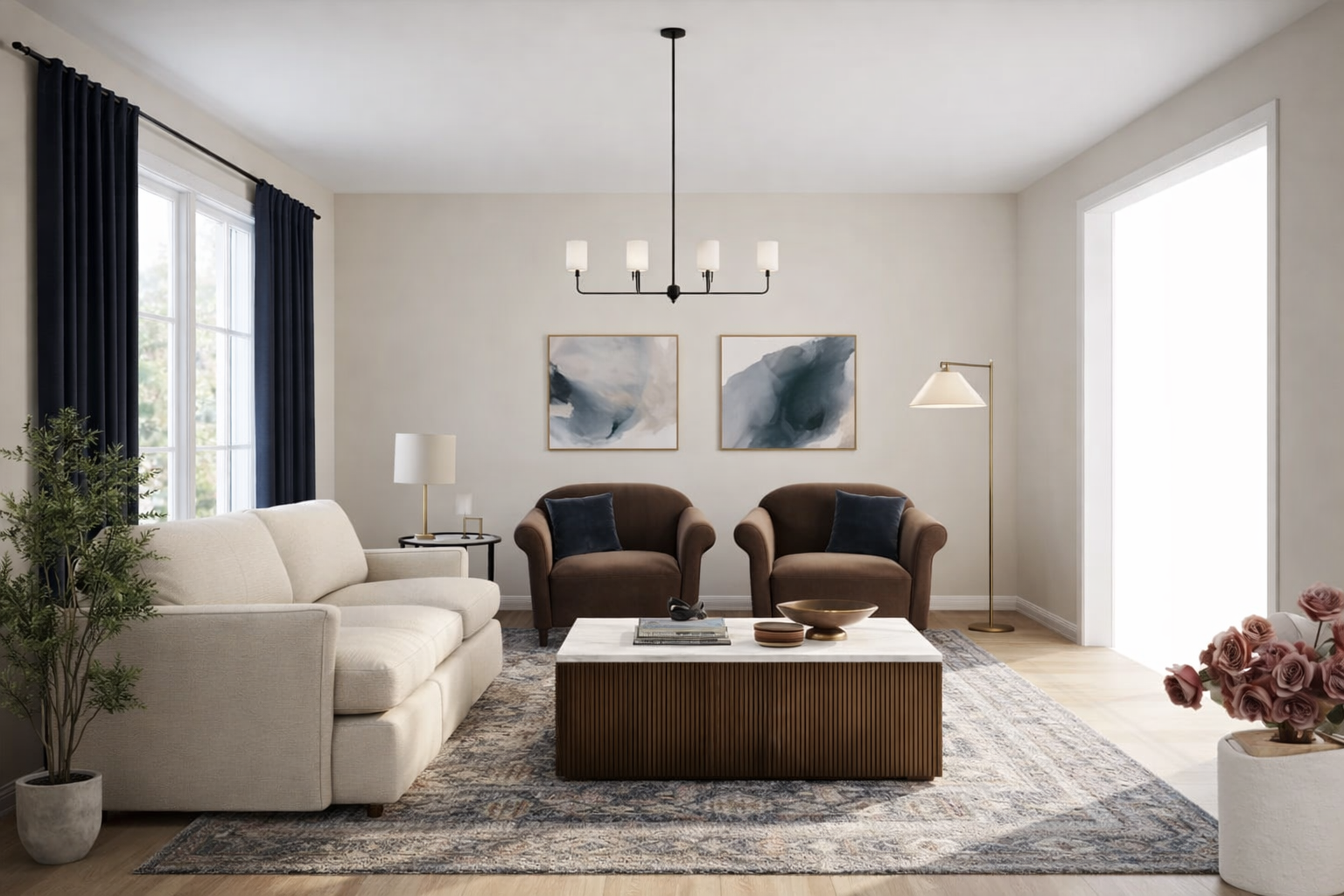 A modern living room with a cream sofa, two brown armchairs, a white coffee table, potted plant, side lamps, and abstract art on the wall.