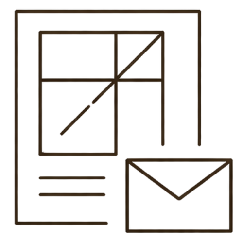 Geometric drawing of an outline square with sections divided by vertical, horizontal, and diagonal lines.