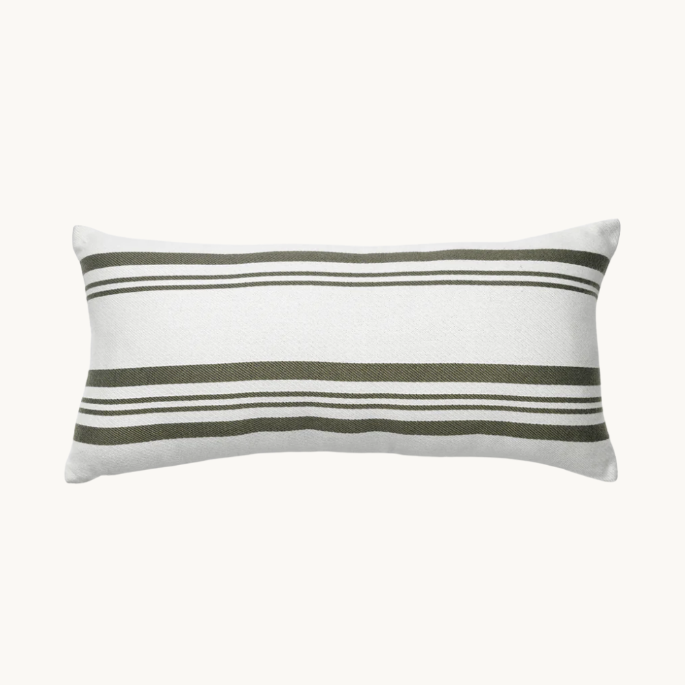 Rectangular decorative pillow with white and green horizontal stripes.