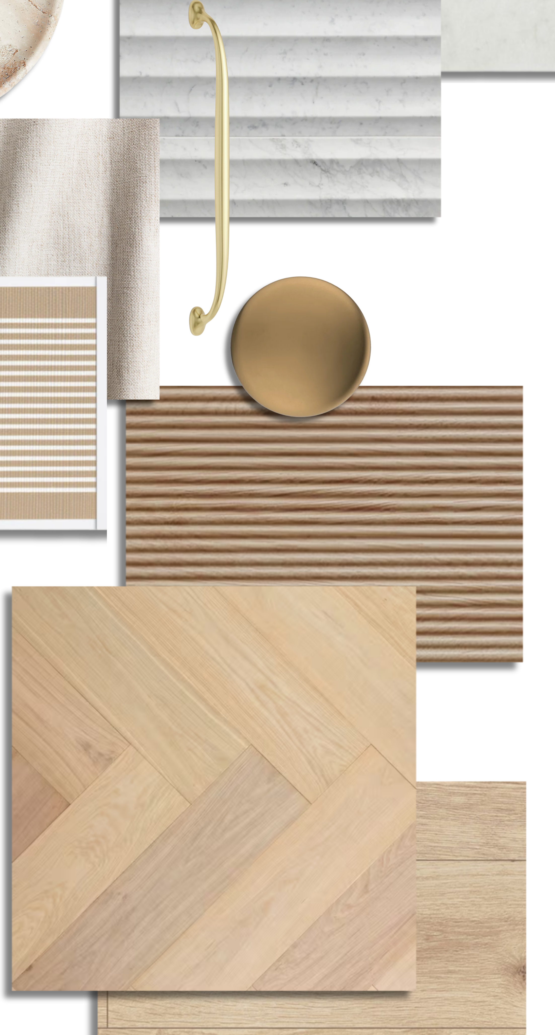Arrangement of various interior design materials including a beige fabric, textured wood, marble, metallic gold bowl, and wooden flooring.