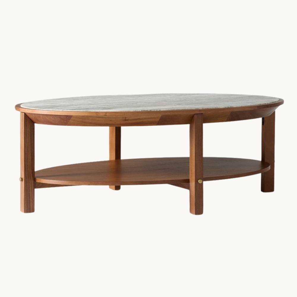 Wooden coffee table with a marble top and lower shelf, against a plain background.