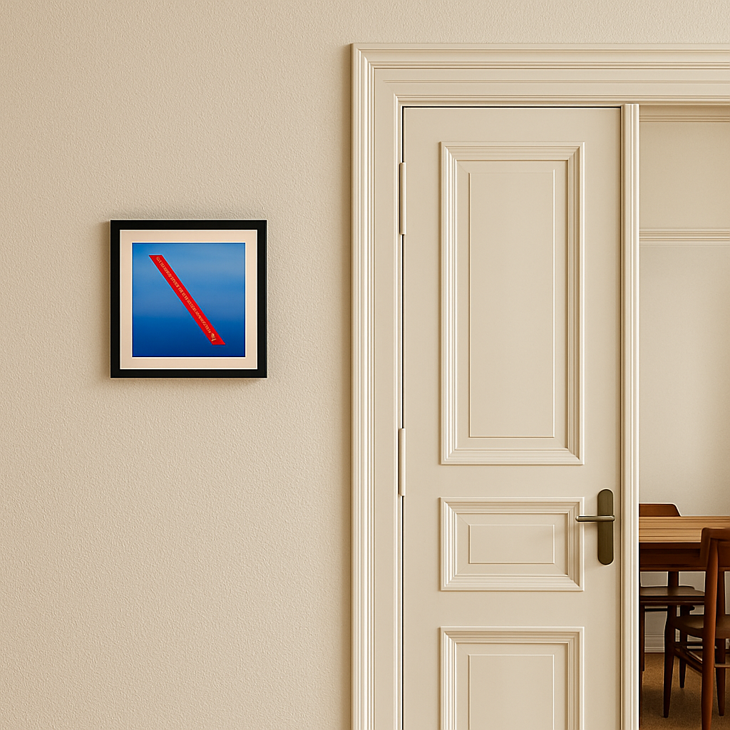 A framed modern art piece with a red V-shaped element on a blue background, hanging on a beige wall in a well-lit room with open window.