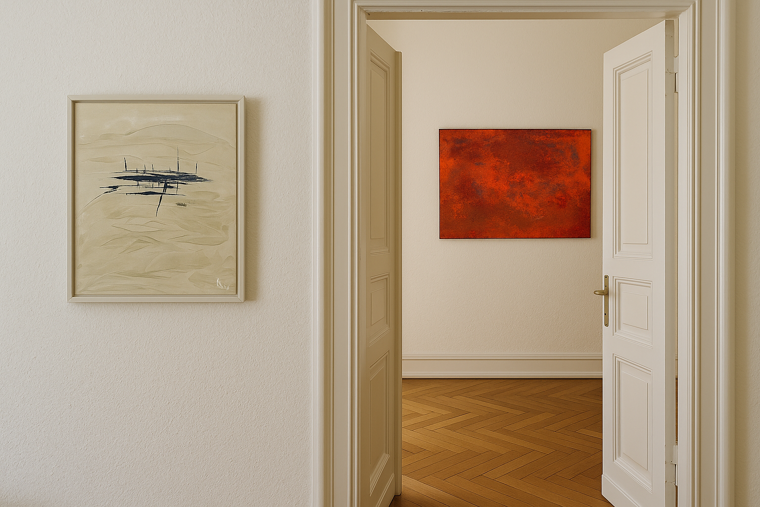 Orange abstract painting hanging on a white wall near a door with a gold handle.