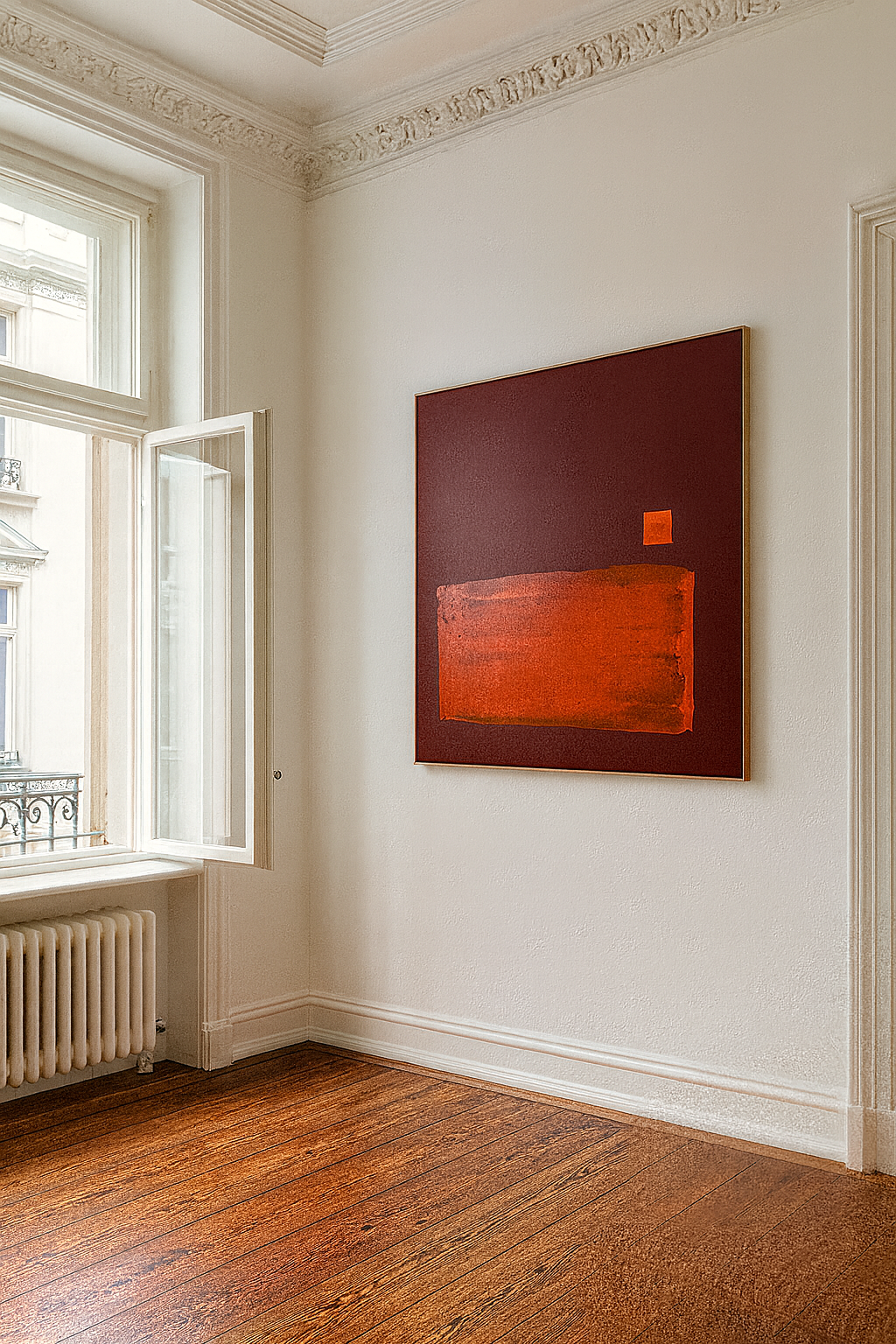 Modern abstract painting featuring a large red-orange rectangle and a small orange square on a dark background, hanging on a white wall.
