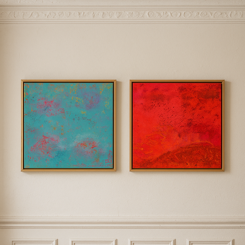 Two abstract paintings on a white wall, one blue with dark and rust-colored patterns, one orange with black speckles, beside a doorway with white molding.