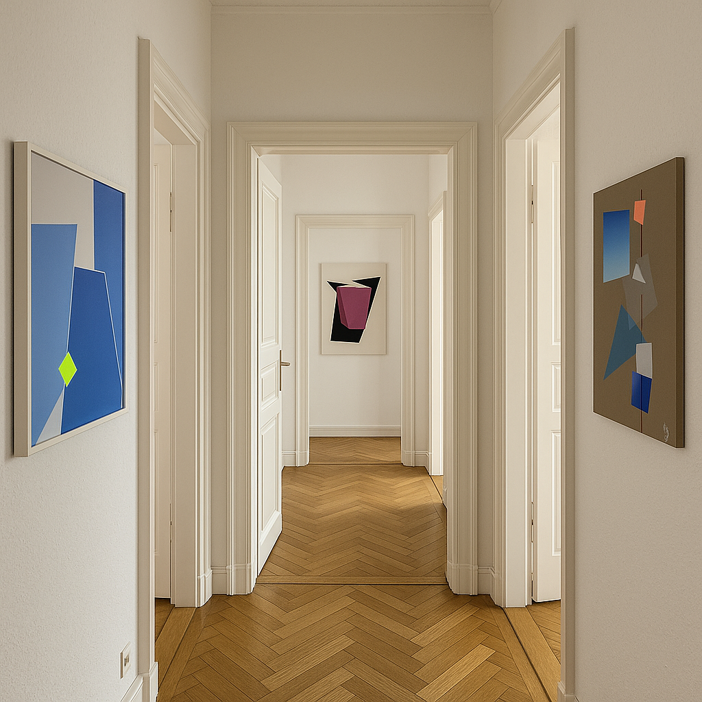 Abstract geometric artwork featuring blue, white, and yellow colors, hung on a cream-colored wall with ornate crown molding near the ceiling and a window on the left side of the image.