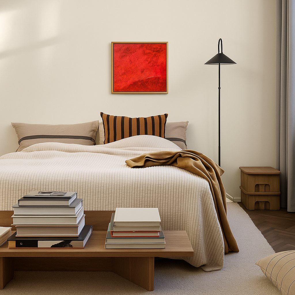 A neatly made bed with beige bedding, two gray pillows, and a striped brown and black pillow, with a tan blanket on top. A wooden table in front holds stacks of books and magazines. A small wooden nightstand is next to the bed, and a black floor lamp stands beside it. There is a red artwork hanging above the bed and a gray curtain to the right.