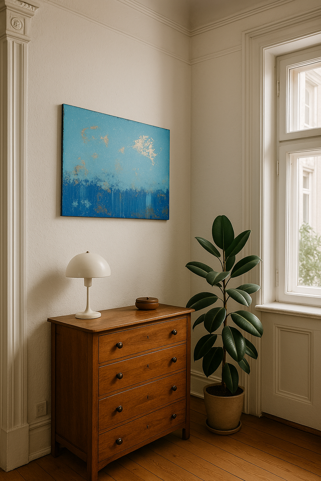 Interior of a room with a blue painting in natural light.