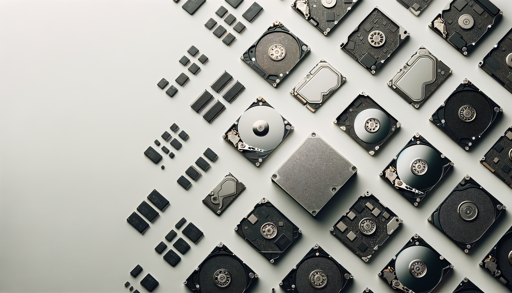 Various computer hard drives and electronic components arranged on a light-colored surface.