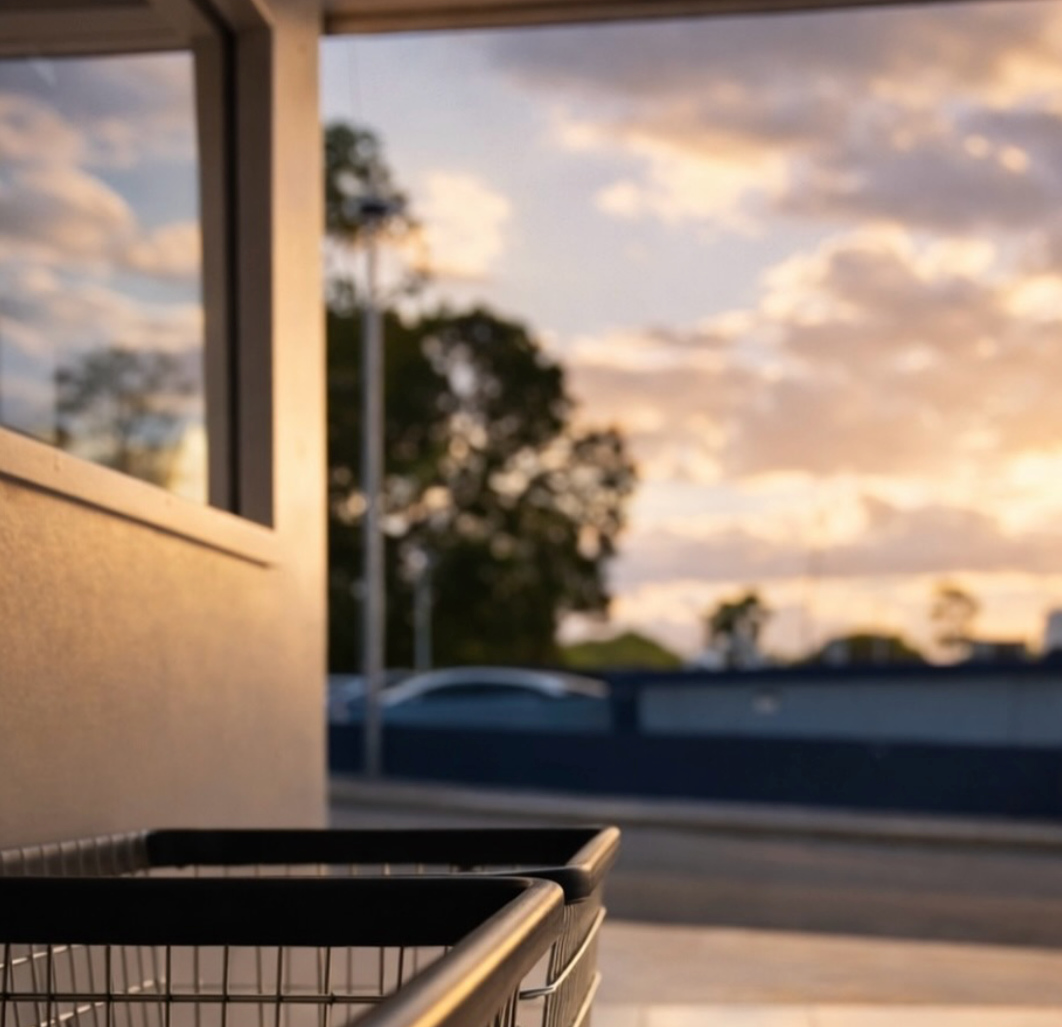 Vista de una tienda con un carrito de supermercado frente a una ventana y un paisaje con árboles y un cielo con nubes al atardecer.
