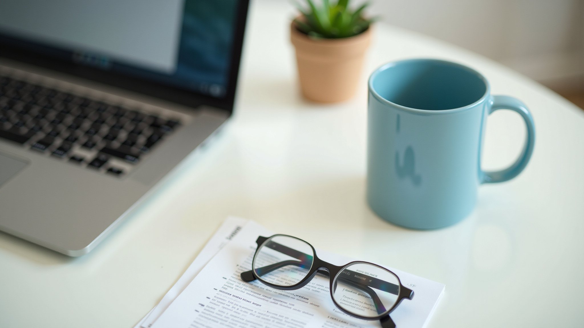 Work desk with documents and laptop, representing review of workplace information, written analysis, and preparation.