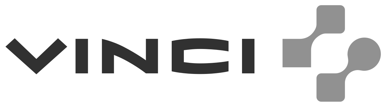Logo de la société VinCI, avec le nom en lettres noires et un symbole stylisé de circuit ou de réseau en gris
