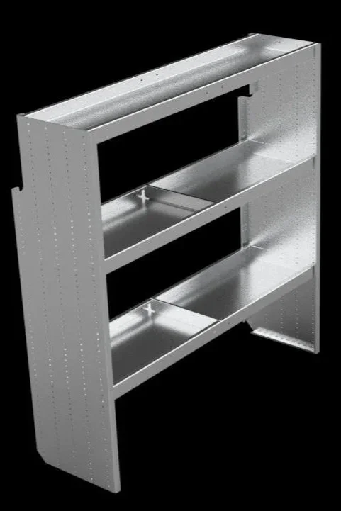 Metal shelving unit with four open shelves against a black background.