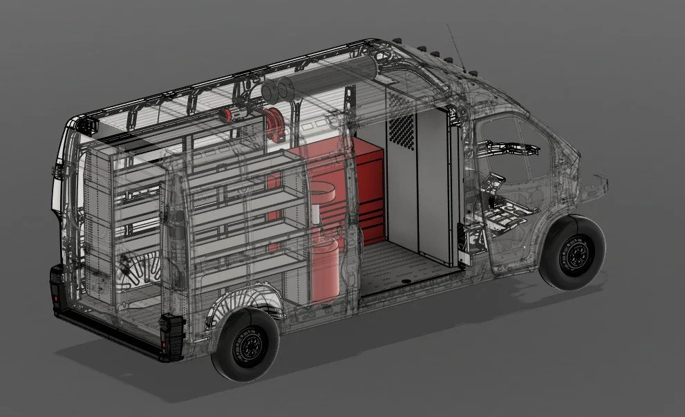 Wireframe illustration of a cargo van with visible shelving, storage units, and equipment inside.