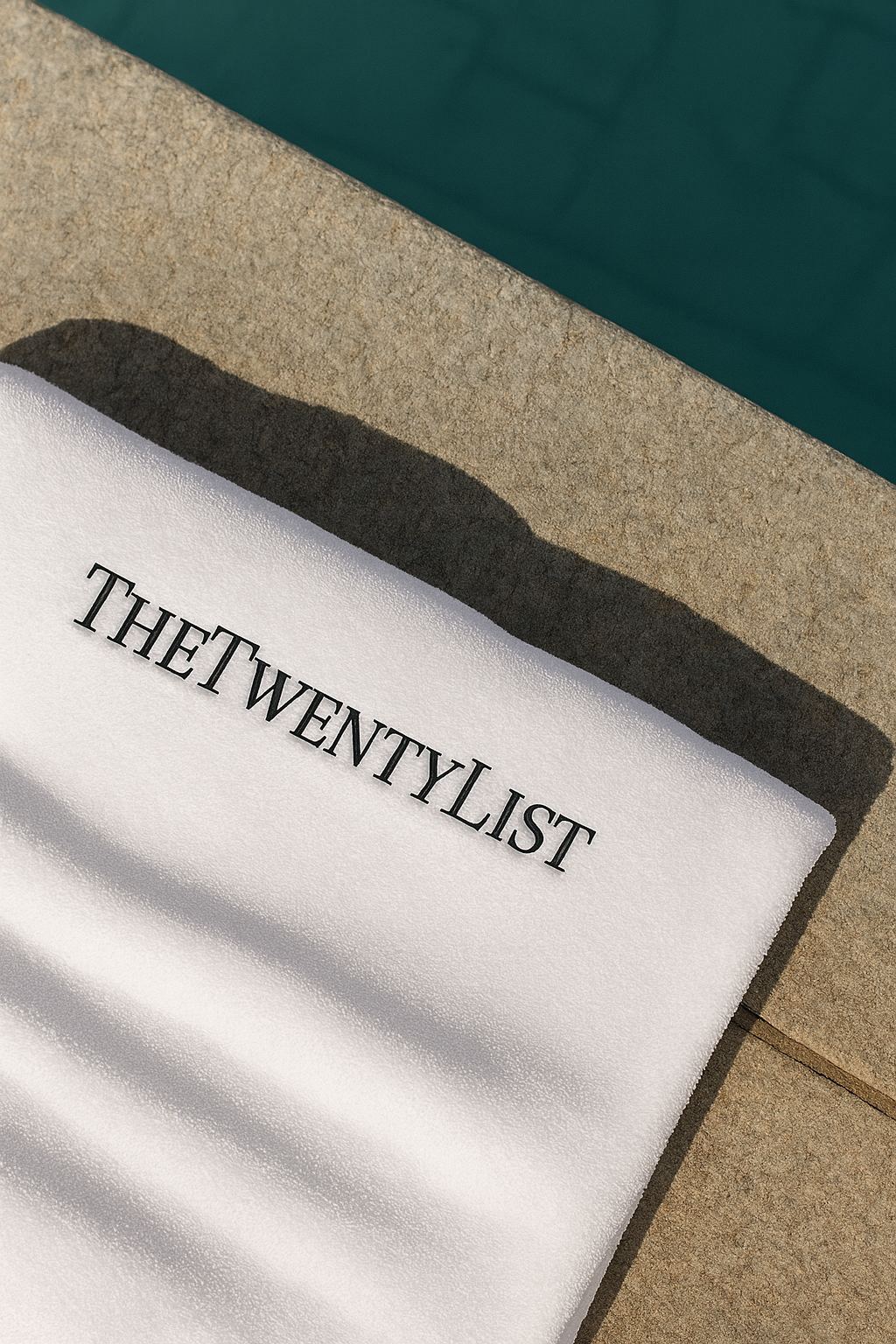 Lista de tareas en una libreta blanca sobre una mesa de piedra junto a una piscina.