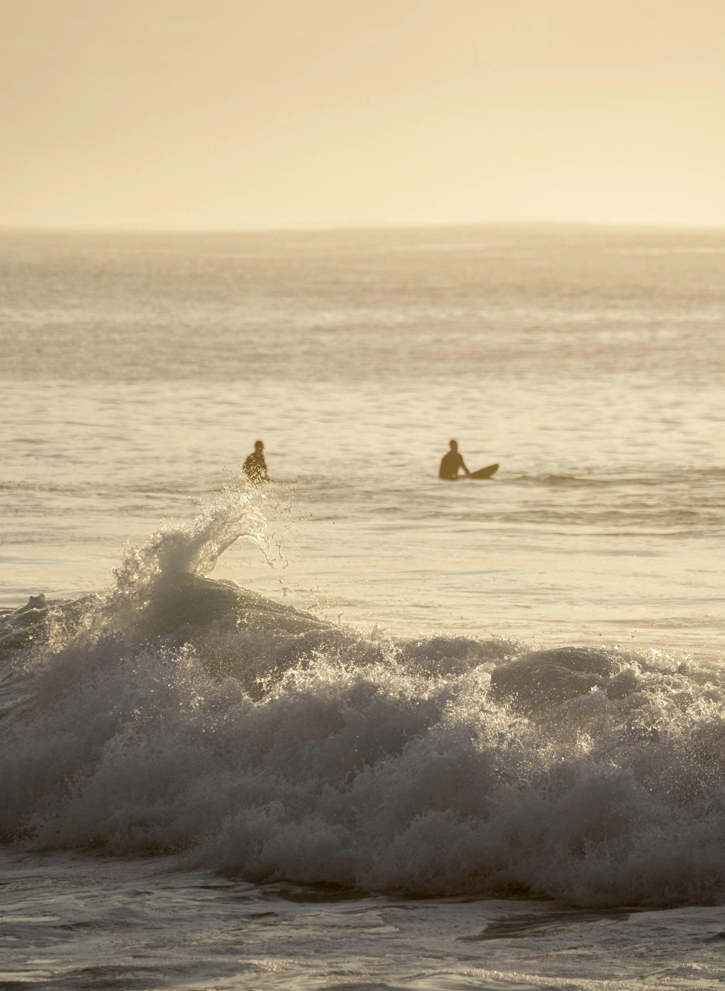 Personas practicando surf en el océano durante el atardecer o amanecer.