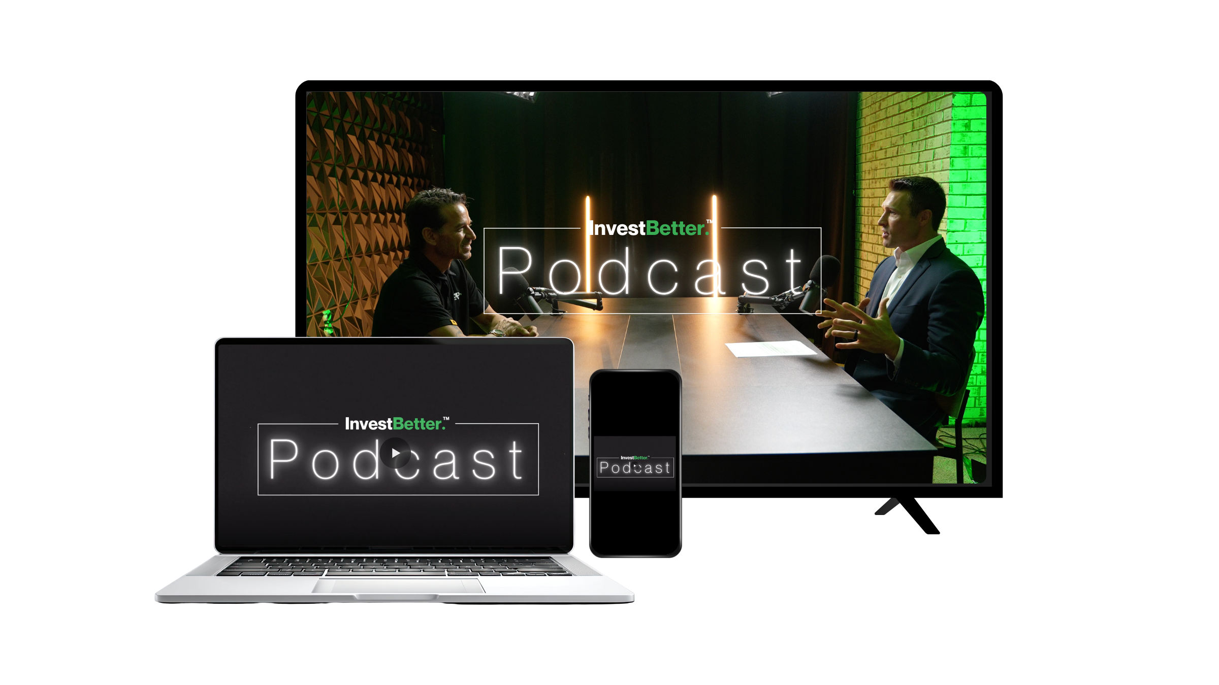 Photo of two men in a podcast recording studio with microphones, neon 'InvestBetter Podcast' sign, and electronic devices including a laptop and smartphone.