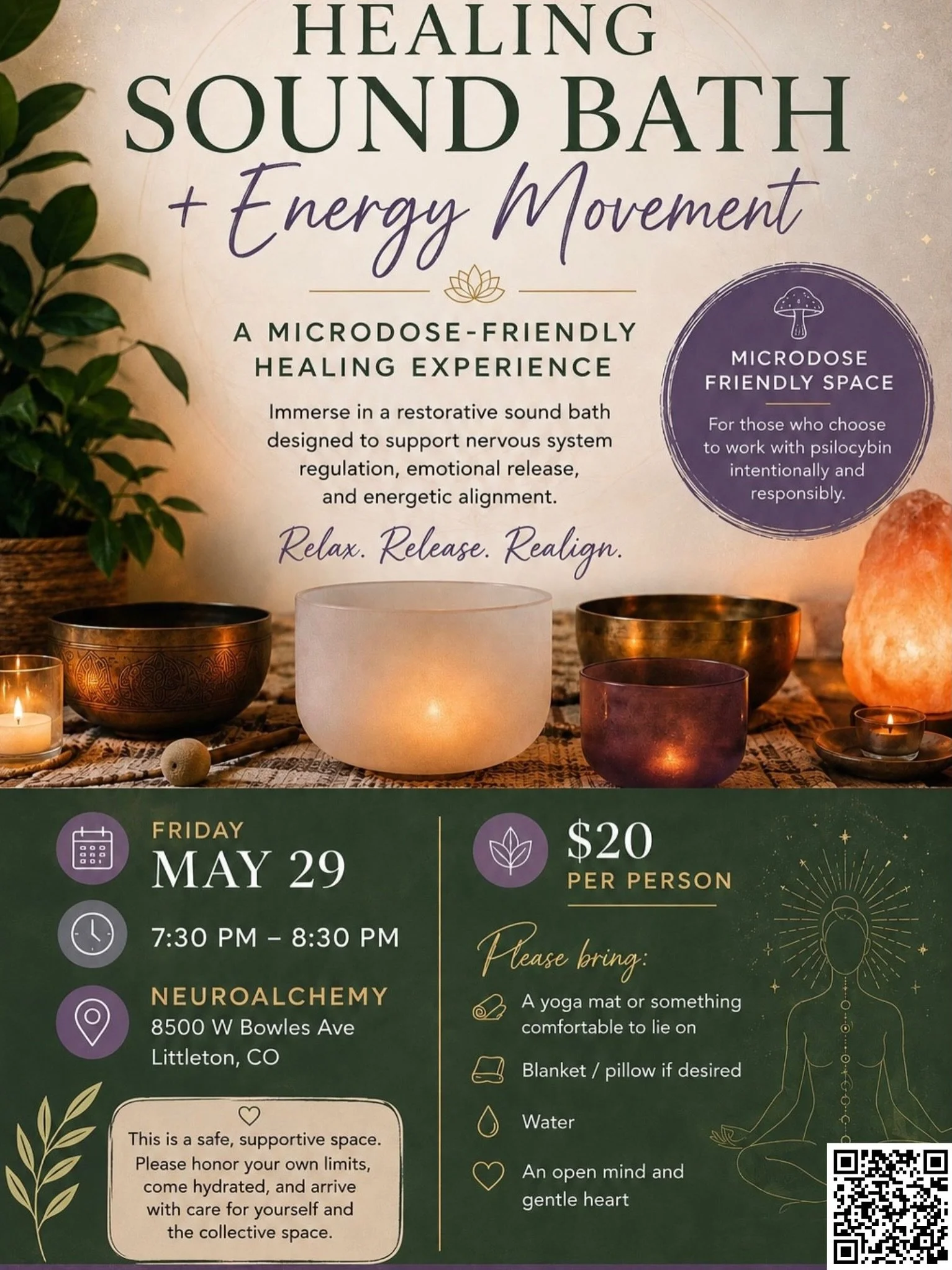 Community SoundBath and optional MicroDosing Friday May 29th - 7:30pm!

Come join us at NeuroAlchemy.

Community, friendship, and deep listening.

$20 cover. 

This event is 21+

RSVP - link in bio!
