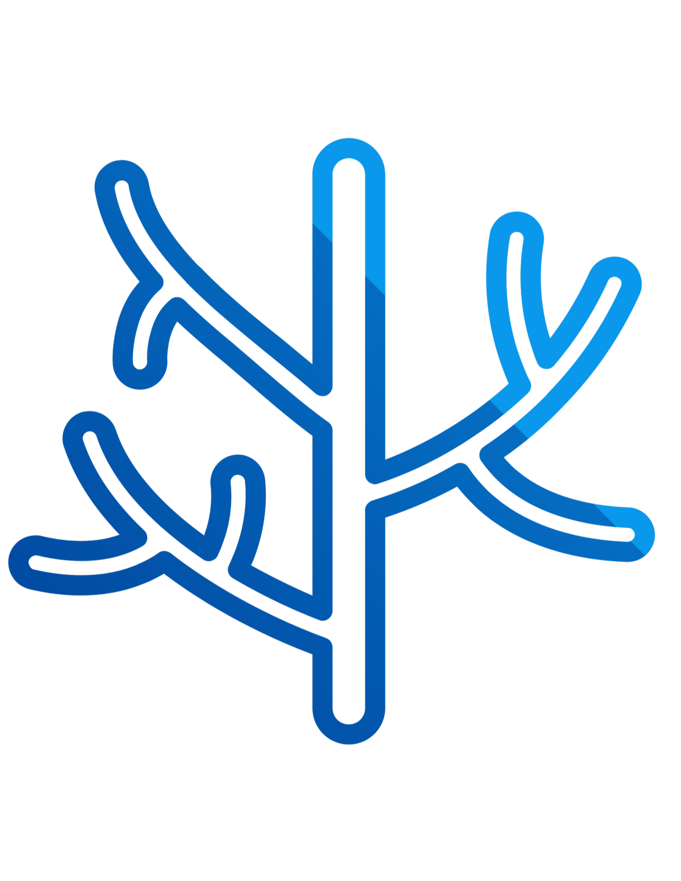Blue neon sign of a stylized abstract tree or plant with curved branches on a black background.