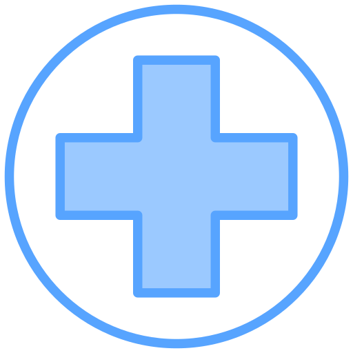 Blue medical cross symbol inside a circle.