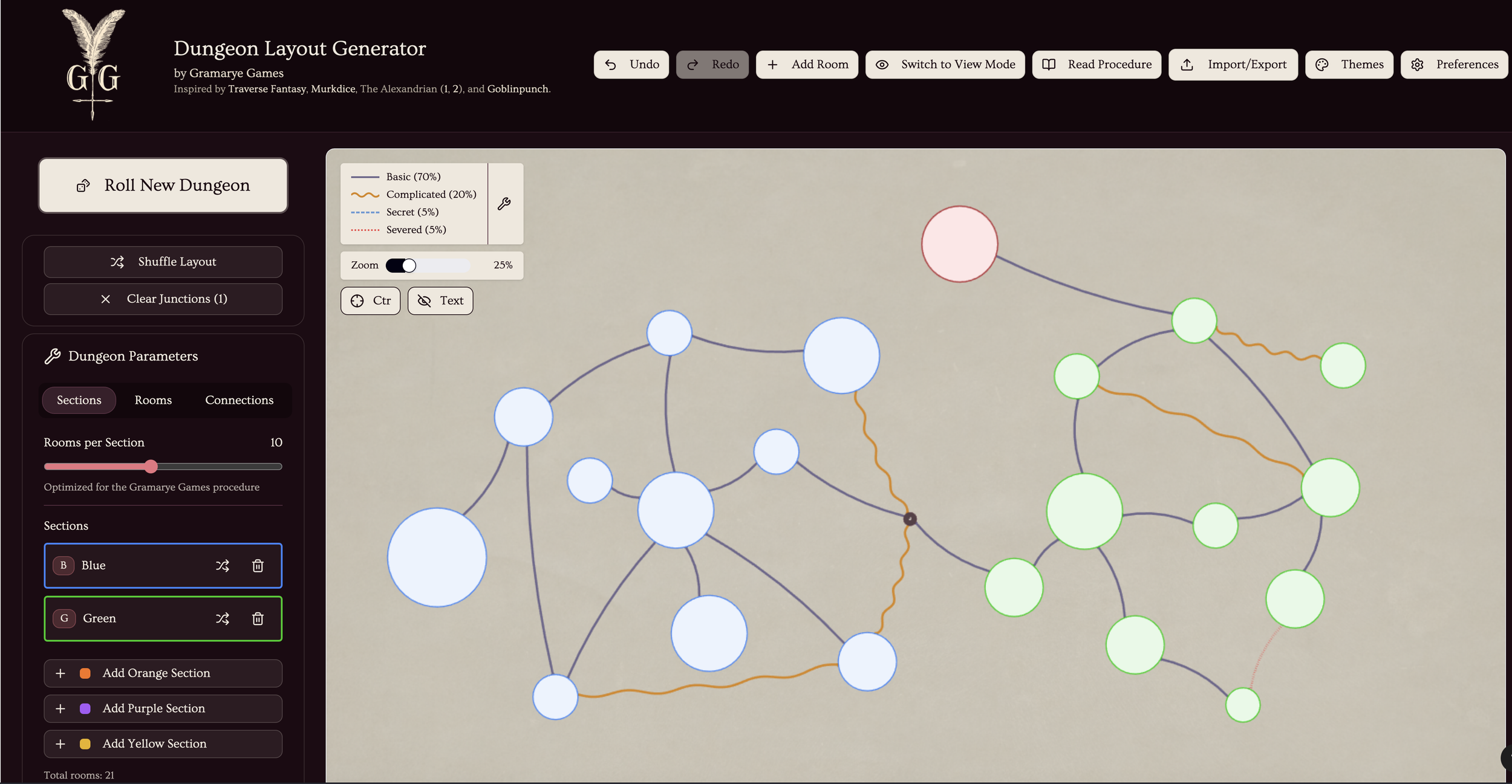 Gramarye Games dungeon layout generator designed for indie tabletop RPGs