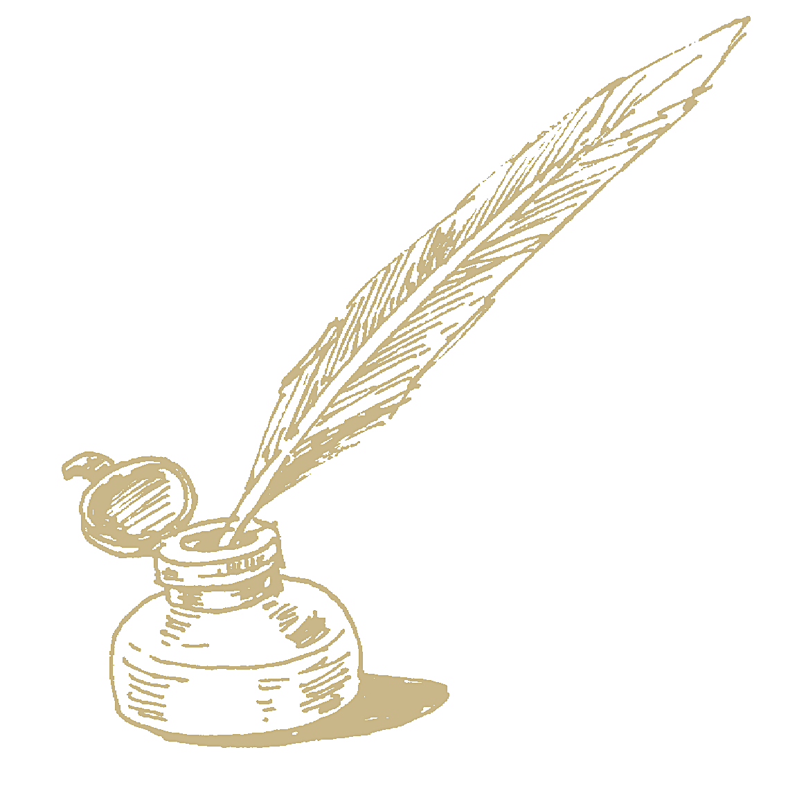 Sketch of a quill pen in an ink bottle with a lid.