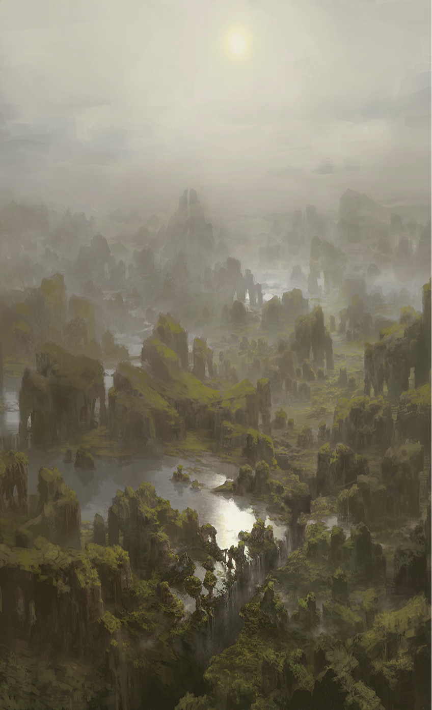 A misty, fantastical landscape with towering rock formations, green lush moss, and flowing waterfalls surrounded by water bodies under a bright sun.