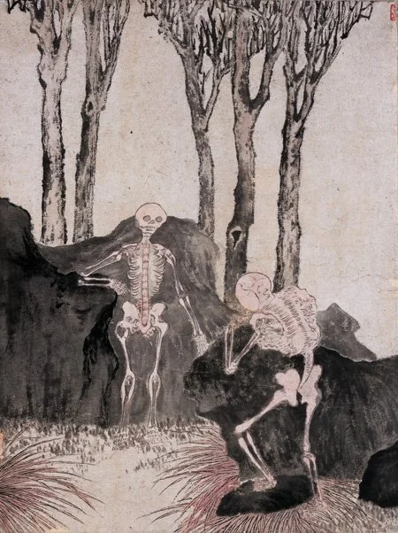 Sketch of three skeletons in a forest, with trees and rocks surrounding them.