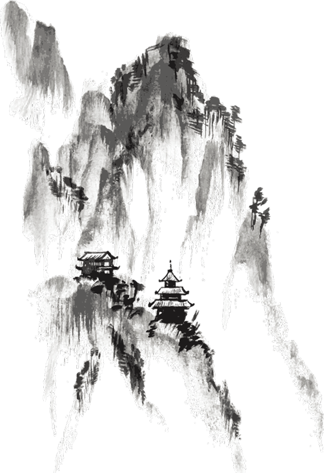 Black and white ink wash painting of mountainous landscape with temples and trees.