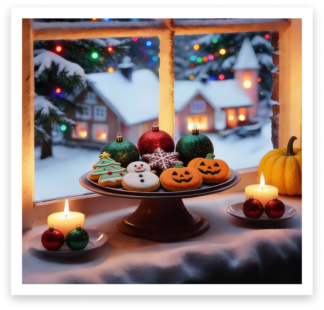 Decoraciones navideñas en una ventana con un escenario nevado por fuera. Incluye galletas con motivos de Navidad, esferas de Navidad, velas encendidas y una calabaza decorativa amarilla.