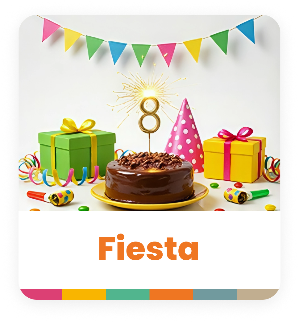Decoraciones de fiesta con un pastel de chocolate, regalos envueltos, sombrero de fiesta de colores y bunting multicolor.