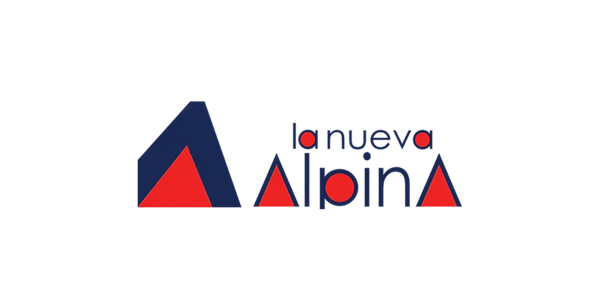 Logotipo con montañas y texto "la nueva Alpina" en colores rojo y azul.