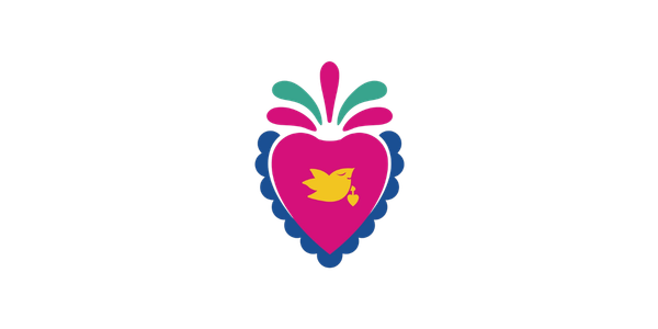 Ilustración de un corazón con un pajarito amarillo en el centro, decorado con formas coloridas y detalles en tonos verdes, rosas y azules.