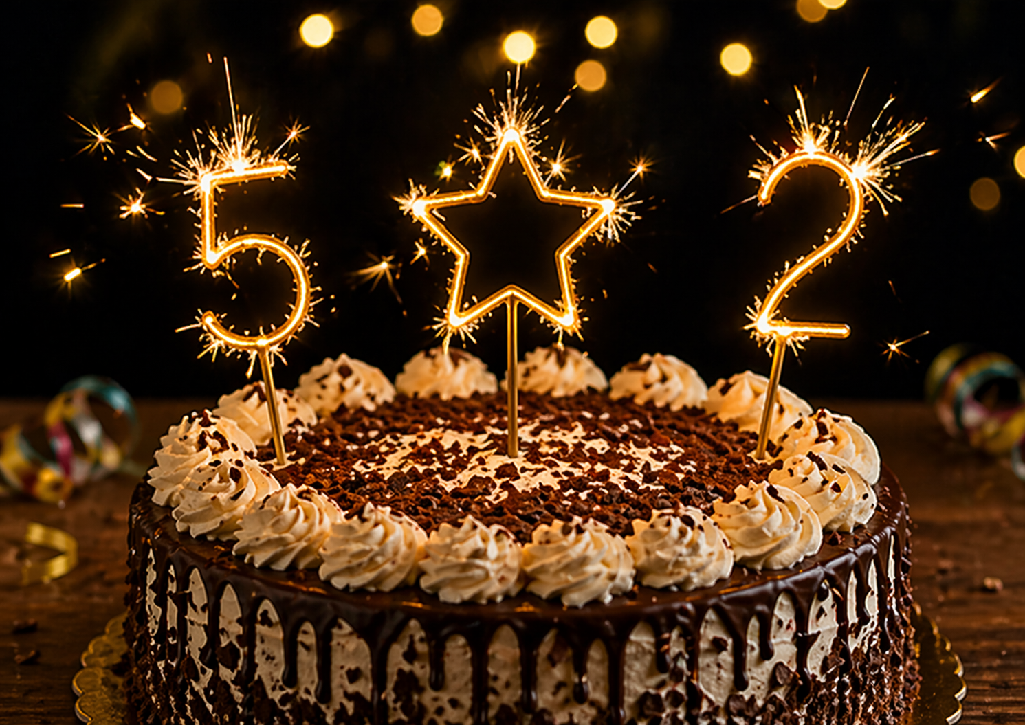 Pastel de chocolate decorado con crema y chispas, con velas en forma de números 5 y 2 y una estrella, en un ambiente de celebración con luces y serpentinas.