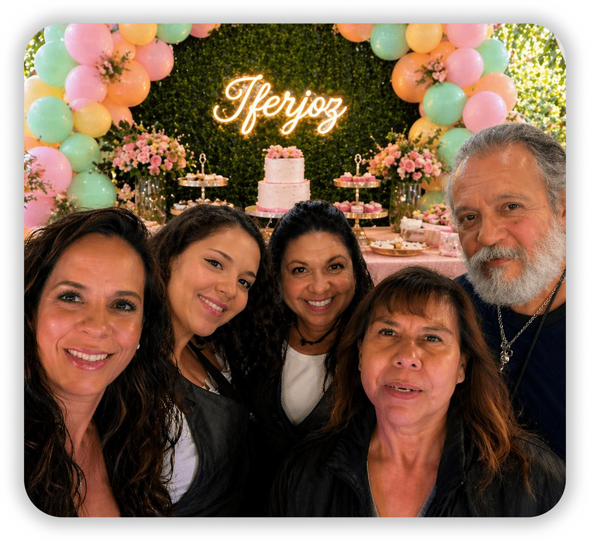 Grupo de personas sonriendo en una celebración con decoraciones en tonos pastel, globos y un pastel en un fondo de paredes verdes con luces y flores.